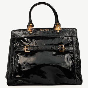 Miu Miu Twiggy Black Patent Leather Buckled Tote Bag
